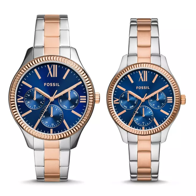 His and Hers Multifunction Two-Tone Stainless Steel Watch Set