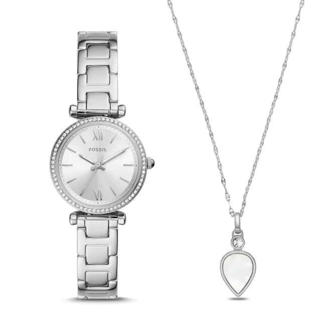 Carlie Three-Hand Stainless Steel Watch and Necklace Set