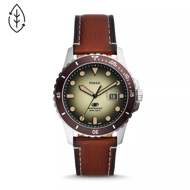 Blue Three-Hand Date Brown Eco Leather Watch