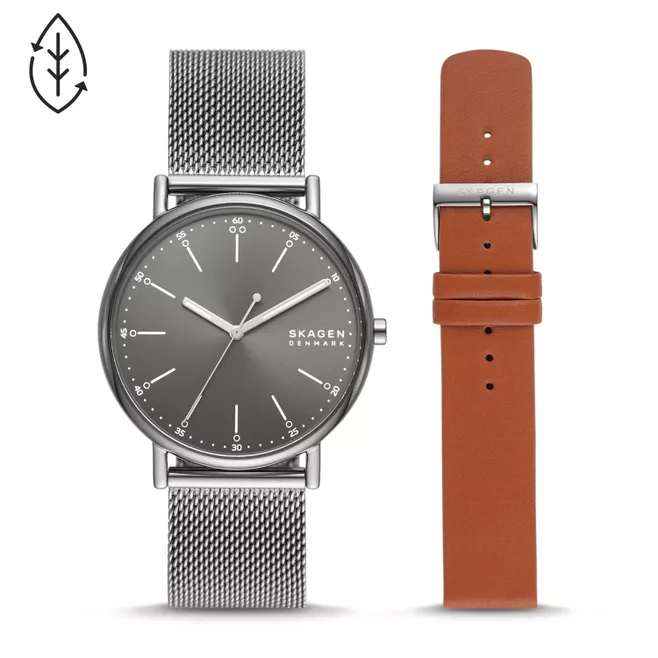 Skagen Signatur Box Set Three-Hand Gray Stainless Steel Mesh Watch