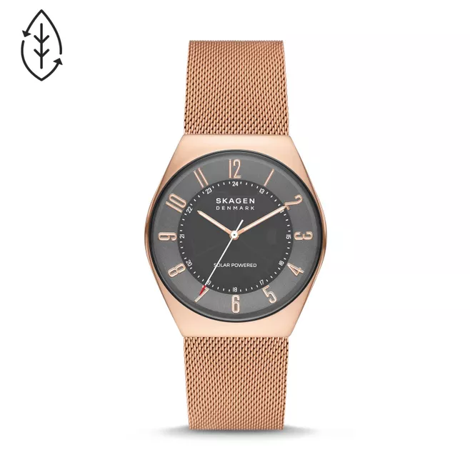 Grenen Solar-Powered Rose Gold Stainless Steel Mesh Watch SKW6835